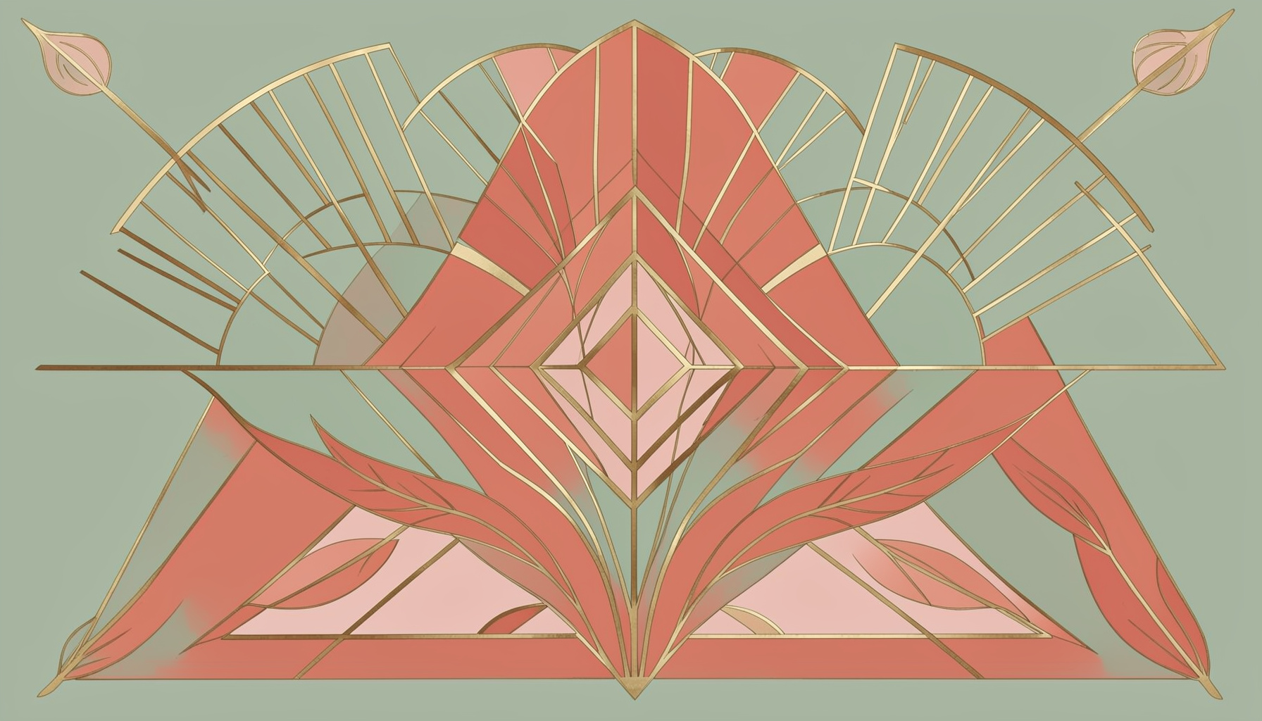 A symmetrical art-deco composition in muted sage green, dusty coral, and blush pink, with overlapping geometric fan shapes, stepped arches, and stylized leaf forms arranged around a central diamond motif, evoking a calm and hand-crafted mood.