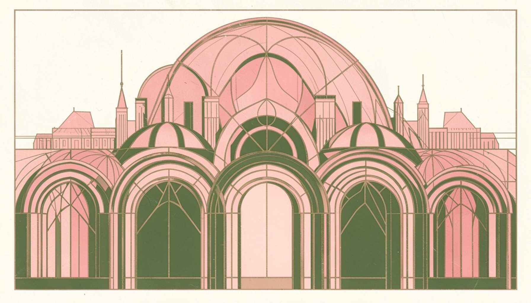 Art-deco geometric composition of overlapping arches in blush pink and olive, forming a stylized cityscape silhouette in a calm, hand-crafted mood.