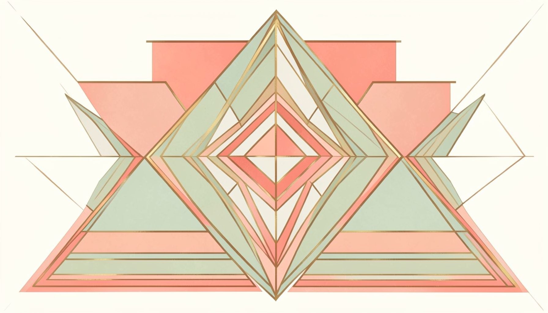 Symmetrical art-deco motif of stepped triangular shapes in muted sage and coral, with a central diamond, evoking a vintage comic title card in soft, organic tones.