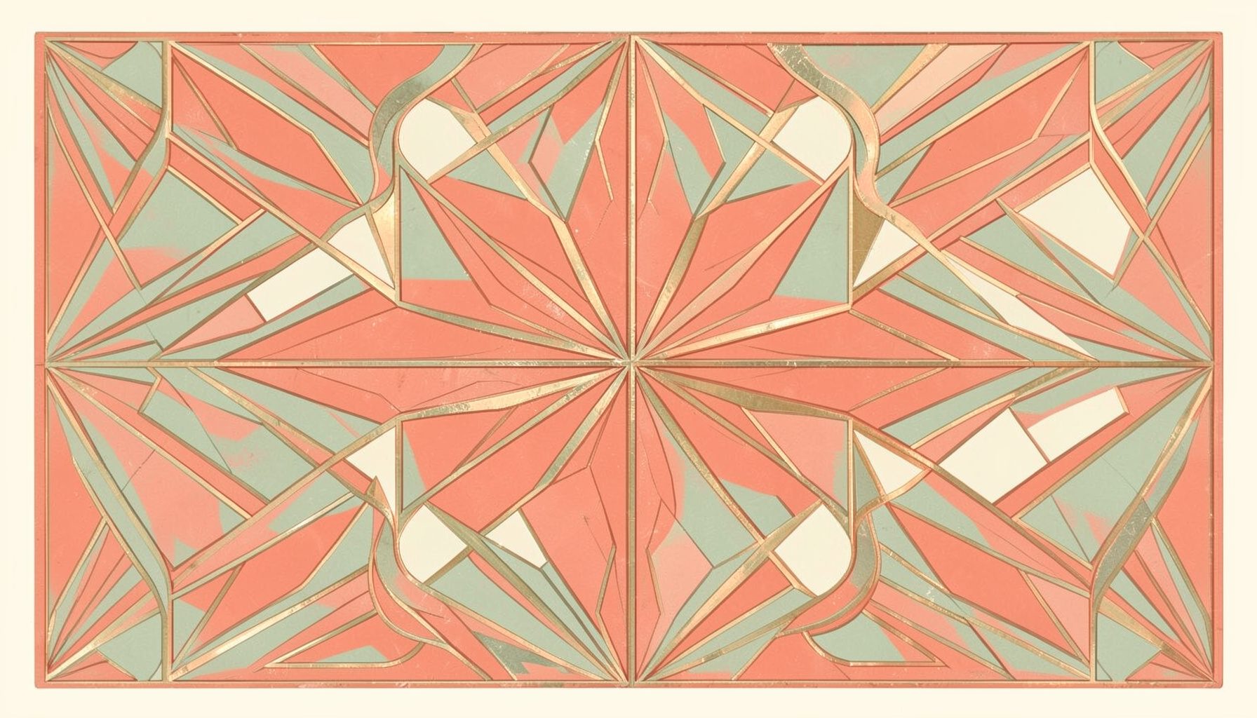 Abstract art-deco panel in dusty coral and sage with a symmetrical starburst pattern on a cream background, suggesting a comic cover detail in a warm, organic palette.