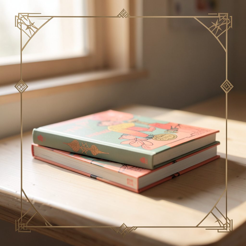 A soft-focus still life of stacked comic books with sage green and coral covers resting on a pale wooden surface, lit by warm natural light from a nearby window, in a calm and approachable reading nook atmosphere.